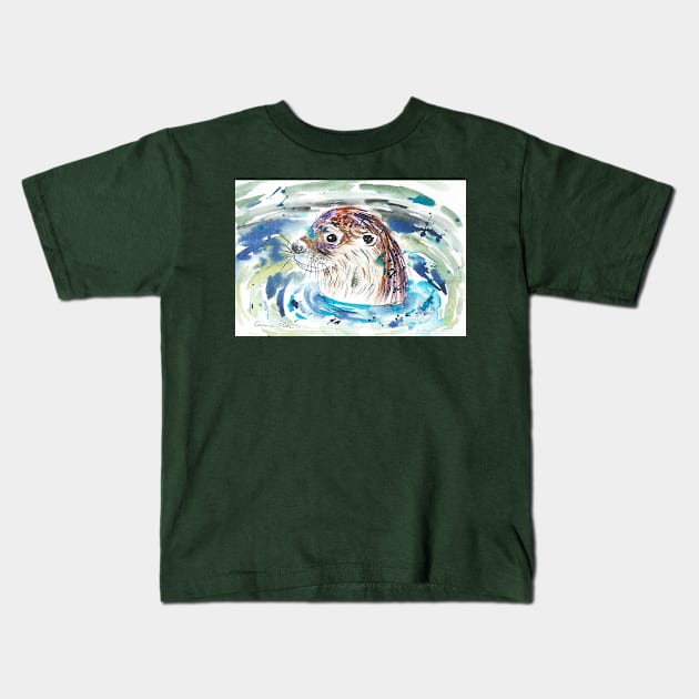 Swimming Otter Kids T-Shirt by Casimirasquirkyart